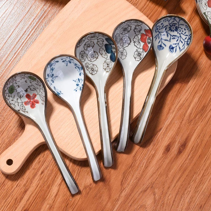 Cerficer Japanese and Korean Large Ceramic Soup Spoon Set of 5 Hand-Painted Long Handle Rice Spoons - Image 4